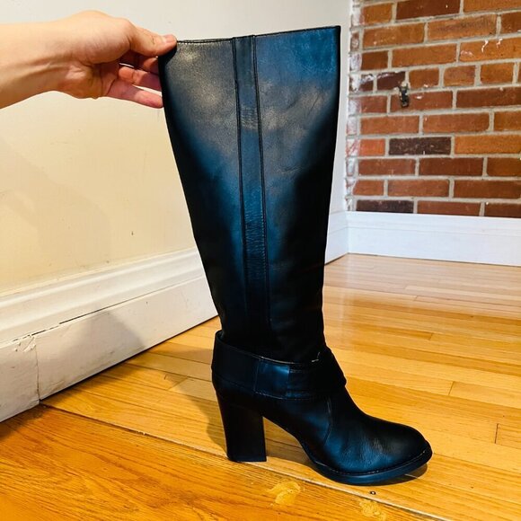 MICHAEL KORS BLACK LEATHER KNEE HIGH BOOTS WITH BUCKLE & RIVETS SZ 8 M - Picture 10 of 16